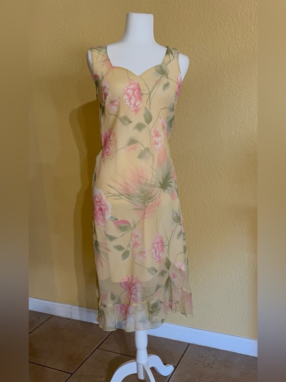 dressbarn Yellow Midi Dress with Pink Floral Print Size 12